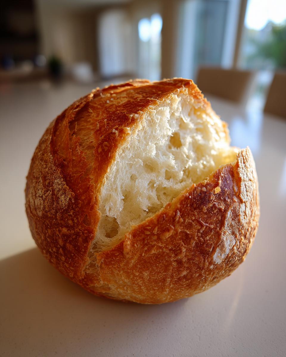 Close-up of a freshly baked, round loaf of bread with a crack on top showing the soft white interior, ideal for bread bowls.