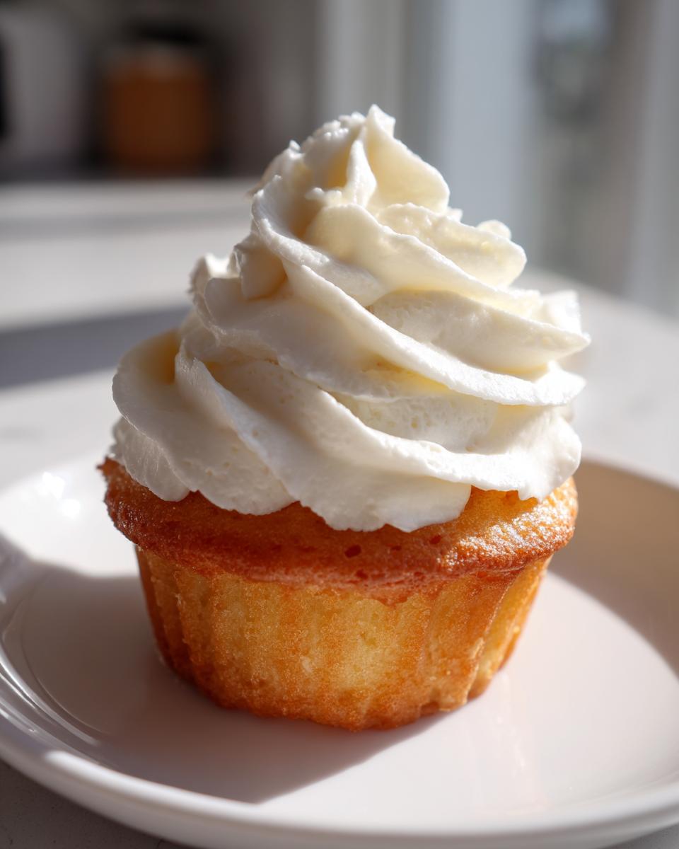 Close-up of a golden cupcake topped with a tall, perfectly piped swirl of white cream cheese frosting.