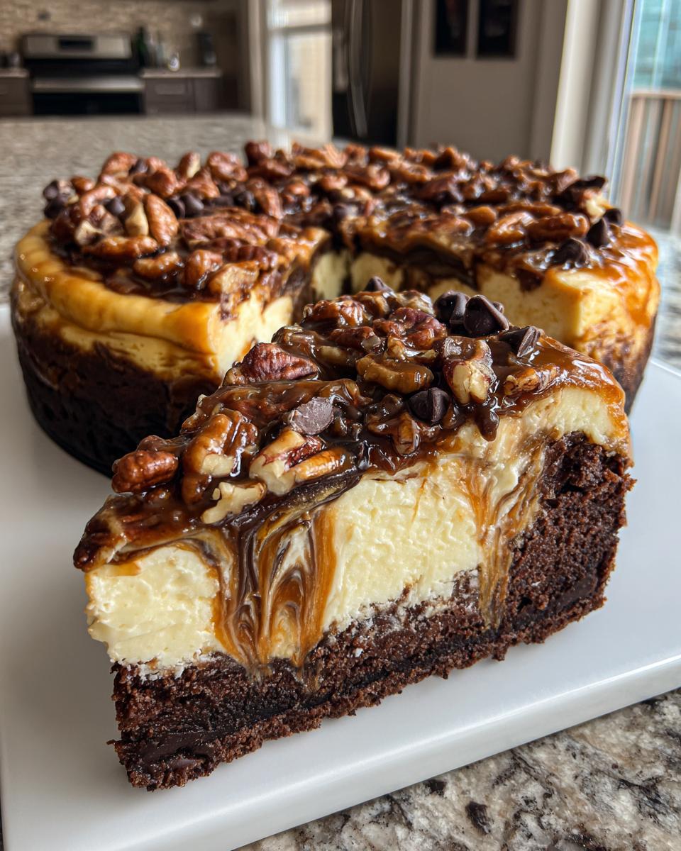 A close-up slice of rich turtle cheesecake featuring a brownie base, creamy filling, caramel swirl, pecans, and chocolate chips.