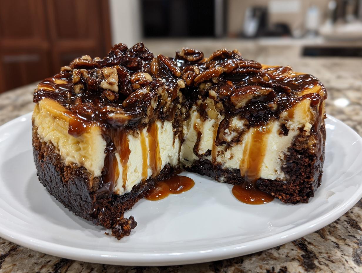 A slice of rich turtle cheesecake showing a dark brownie crust, creamy filling, and a topping of pecans, chocolate, and dripping caramel sauce.