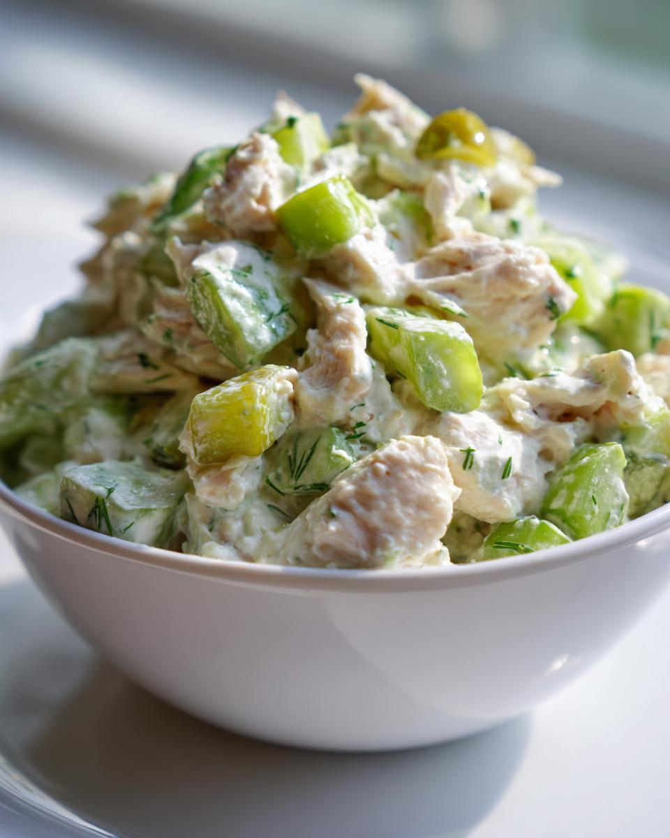 A close-up of creamy dill pickle chicken salad featuring chunks of chicken and bright green pickle pieces in a white bowl.
