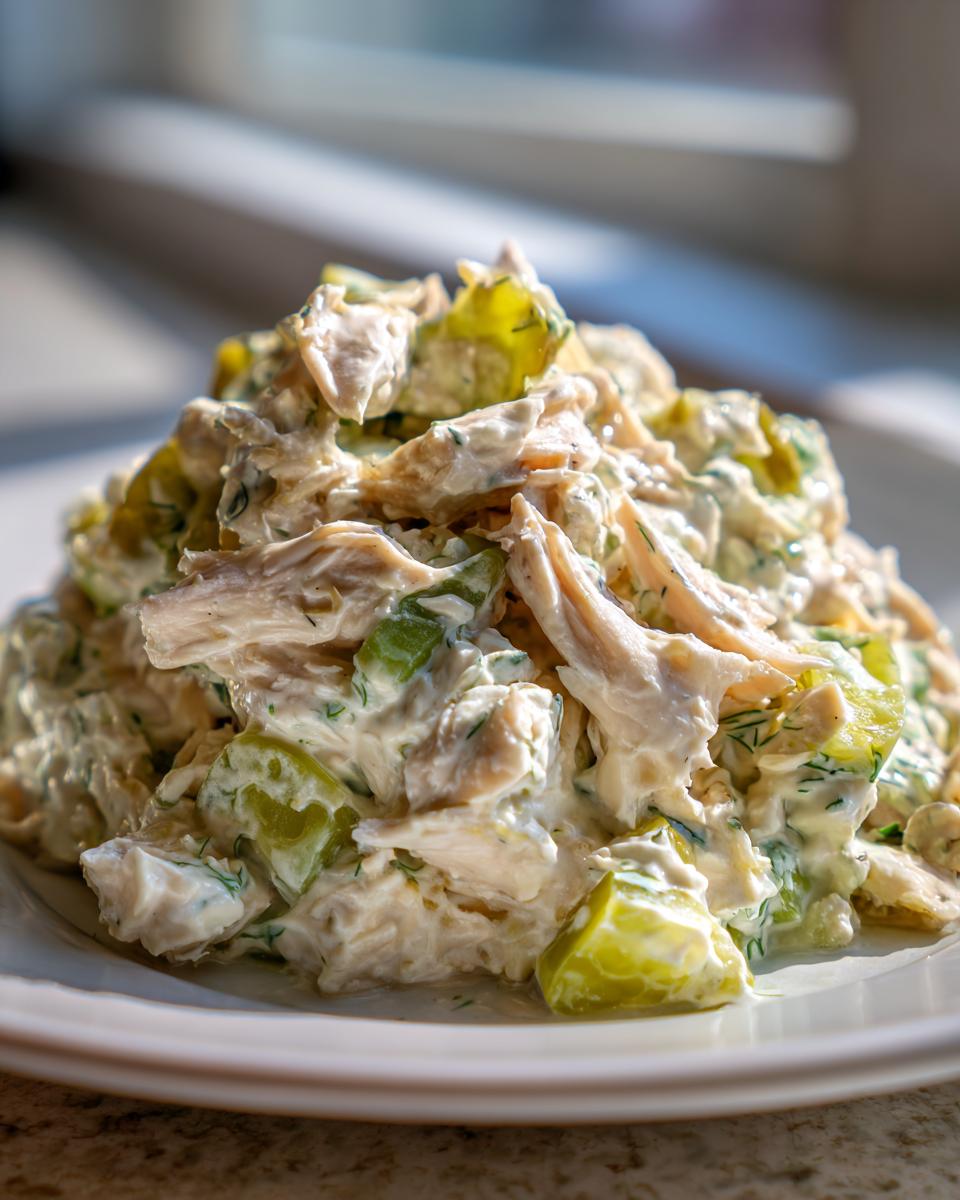 Close-up of a generous serving of creamy dill pickle chicken salad featuring shredded chicken and bright green pickle chunks.