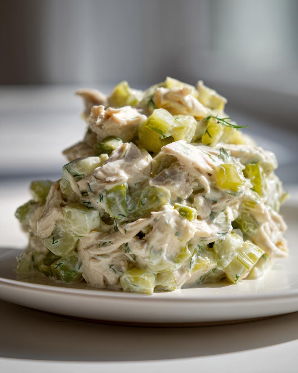 A close-up mound of creamy dill pickle chicken salad featuring shredded chicken and large chunks of pickles, garnished with dill.