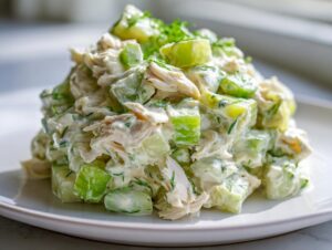 A mound of creamy dill pickle chicken salad featuring shredded chicken and bright green pickle chunks, garnished with fresh dill.