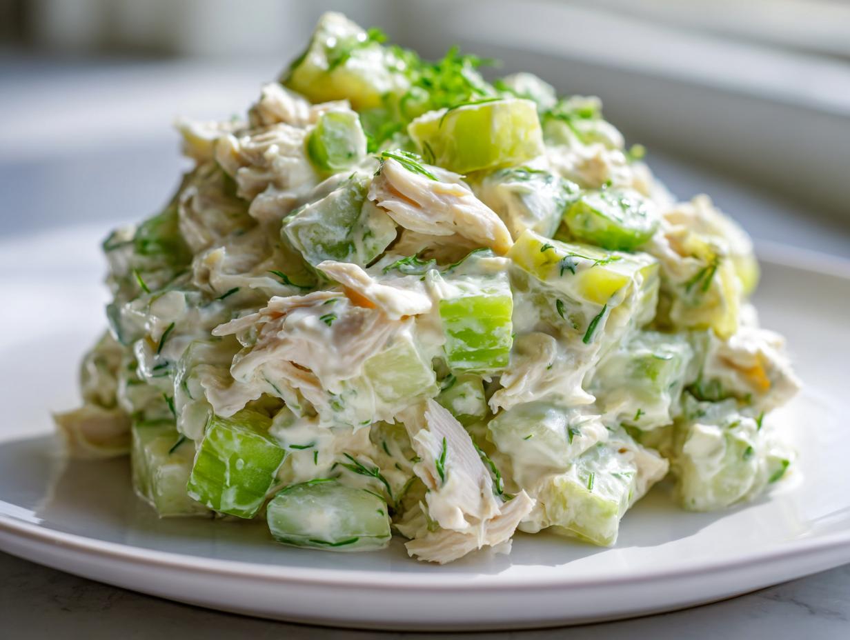A mound of creamy dill pickle chicken salad featuring shredded chicken and bright green pickle chunks, garnished with fresh dill.