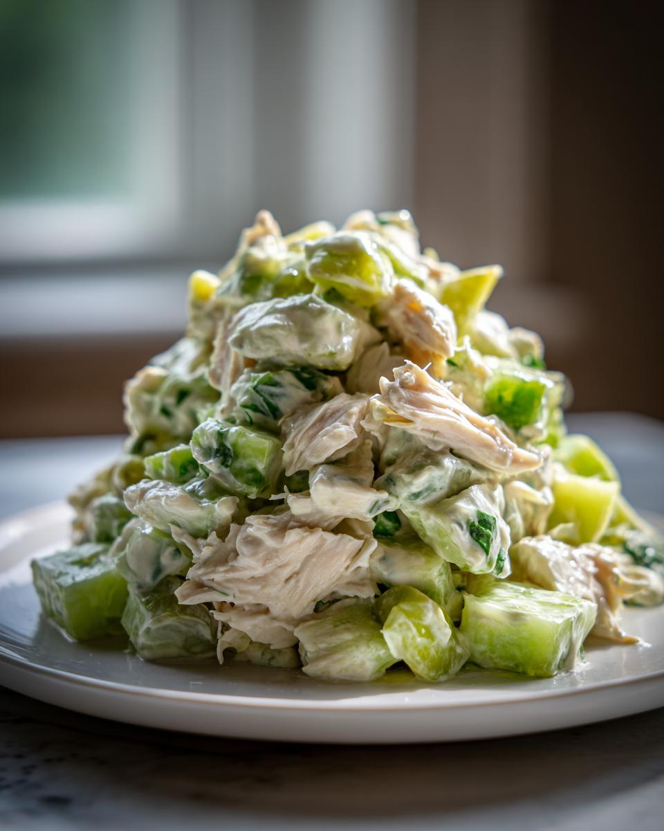 Close-up of a mound of creamy dill pickle chicken salad featuring shredded chicken and bright green pickle chunks on a white plate.