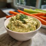 A close-up of creamy dill pickle dip garnished with fresh dill, served with carrot and celery sticks.