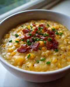 Close-up of a bowl of thick, creamy corn chowder recipe garnished with crispy bacon bits and fresh chives.