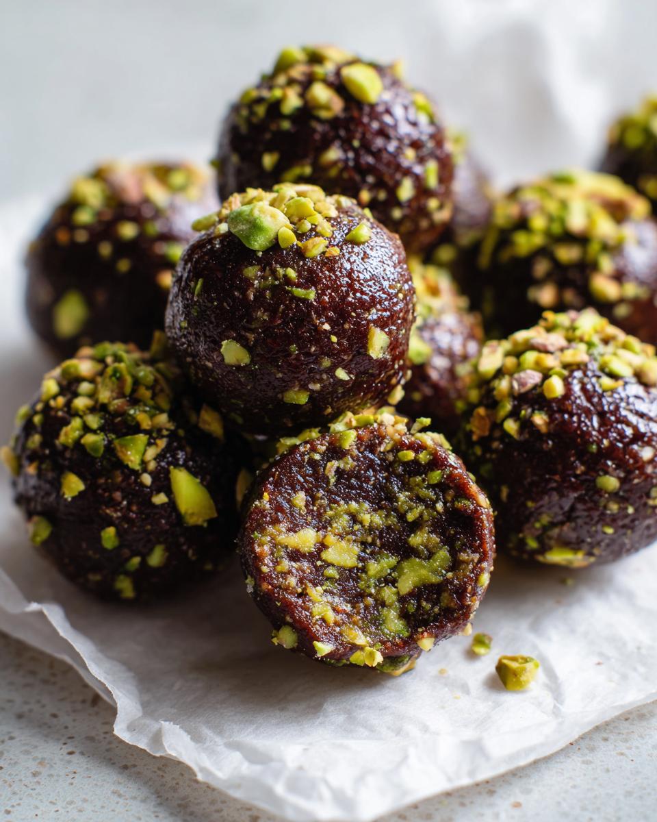 A close-up of rich, dark Dubai chocolate balls rolled in chopped green pistachios, with one ball cut in half showing the dense interior.