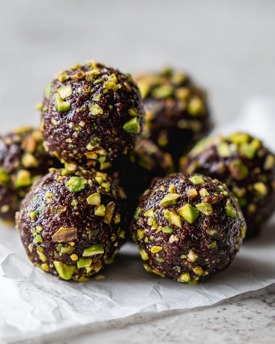 A stack of rich, dark Dubai chocolate balls rolled in chopped green pistachios, resting on white parchment paper.