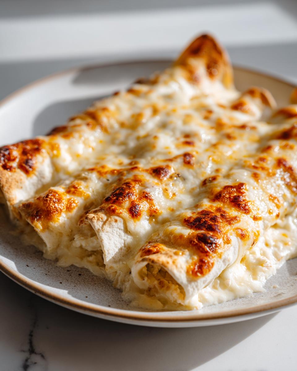 Three baked chicken enchiladas covered in melted, bubbly white cheese sauce, ready to eat.