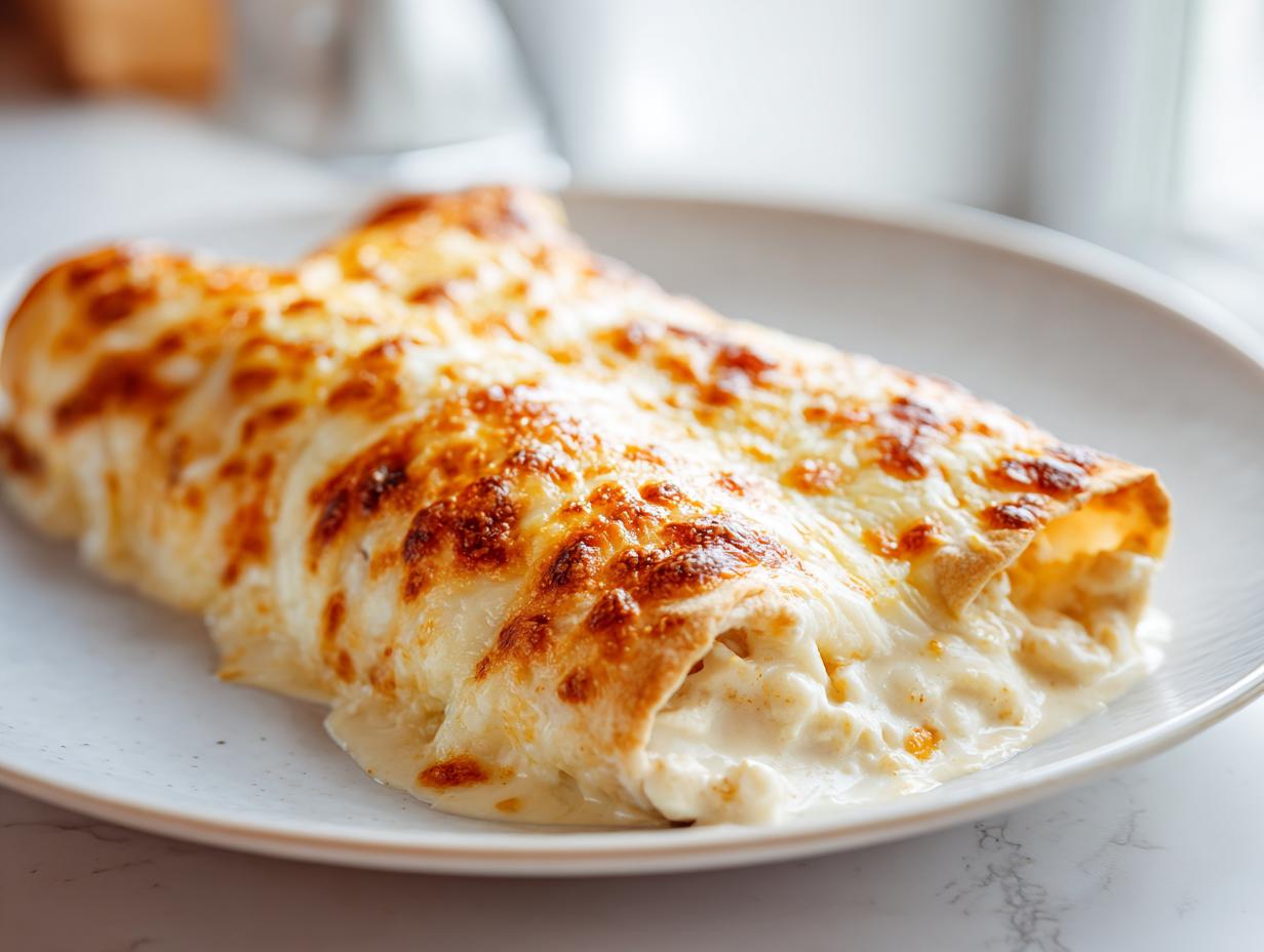 Two creamy chicken enchiladas covered in bubbly, browned cheese sauce served on a white plate.