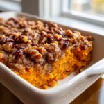 A close-up view of a portion of easy sweet potato casserole topped with a rich, crunchy pecan streusel in a white baking dish.