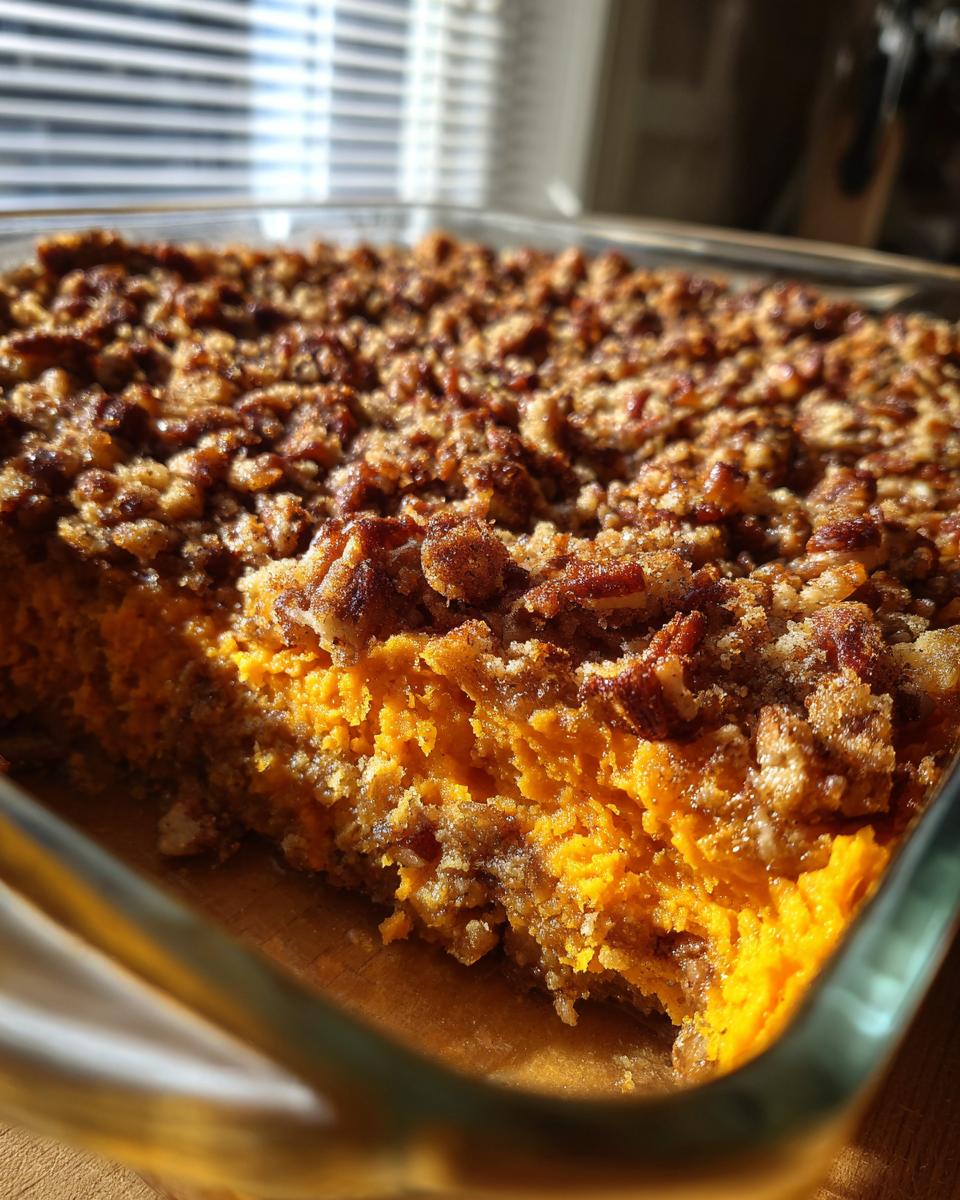 A close-up view of a serving dish containing easy sweet potato casserole topped with a crunchy pecan streusel.