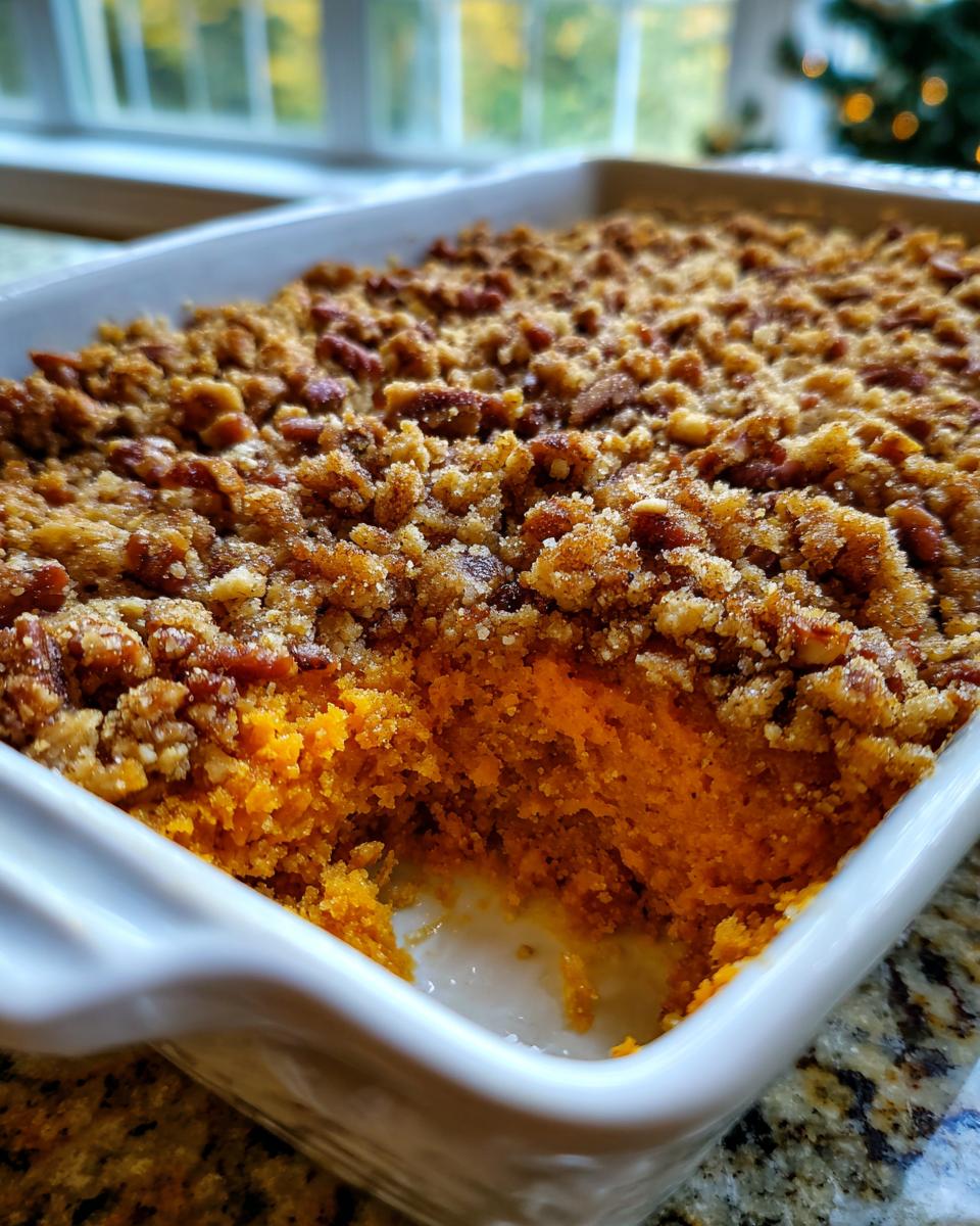 A scoop has been taken out of the easy sweet potato casserole, showing the bright orange interior and crunchy pecan crumble topping.