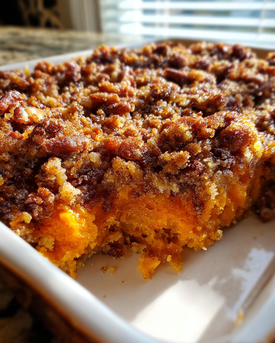 A close-up shot showing a scoop taken out of an easy sweet potato casserole topped with a crunchy brown sugar and pecan crumble.