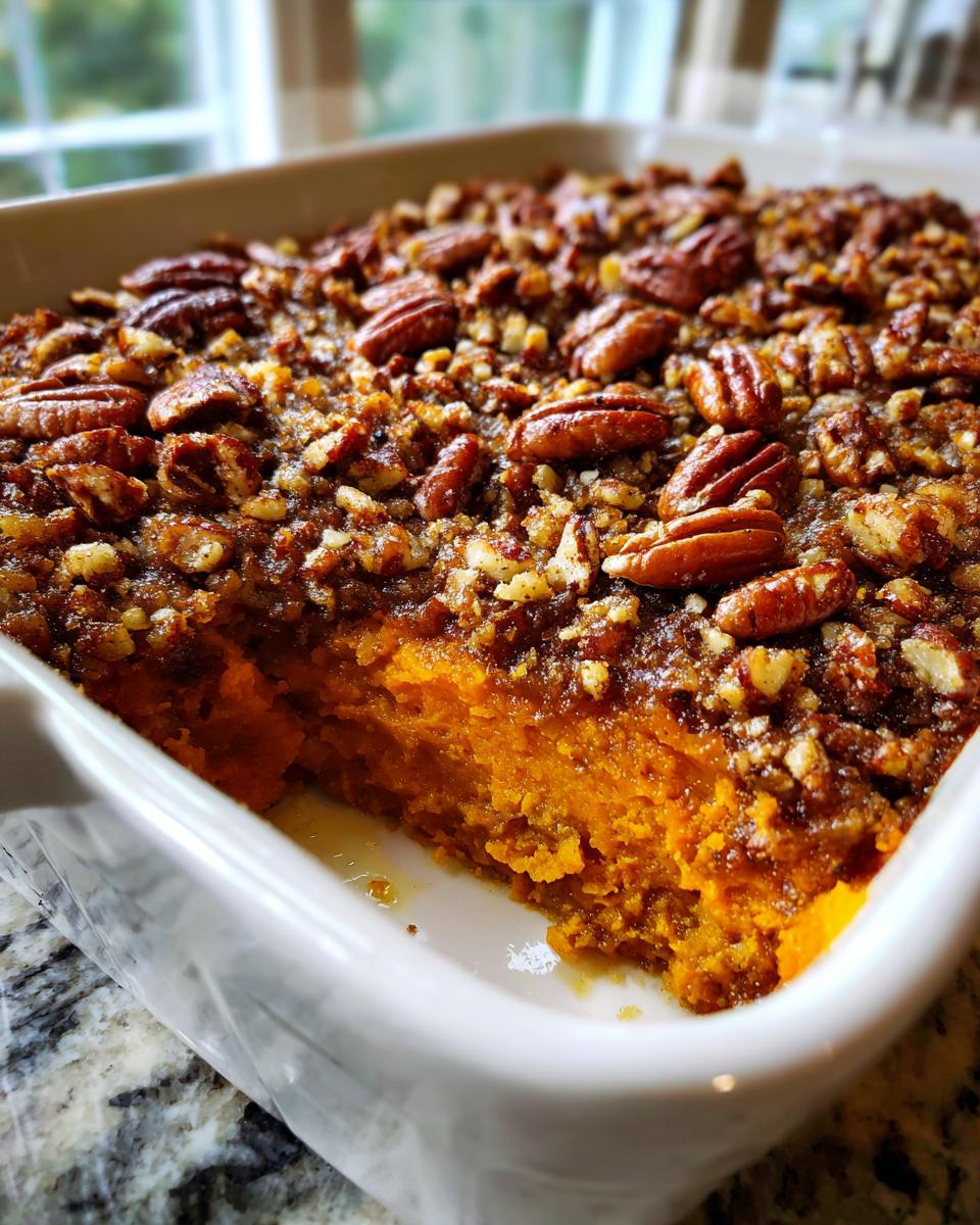 Close-up of an easy sweet potato casserole with a rich, brown pecan streusel topping in a white baking dish.