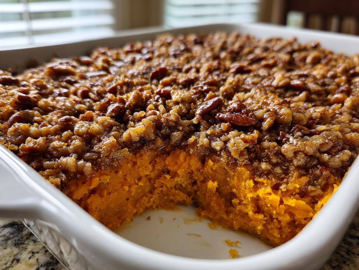 A close-up view of an easy sweet potato casserole in a white baking dish, showing the bright orange filling and crunchy pecan topping.
