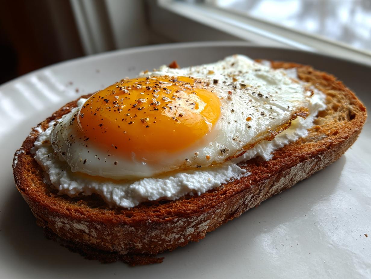 Close-up of a piece of dark toast topped with white cheese and a sunny-side-up egg toast seasoned with black pepper.