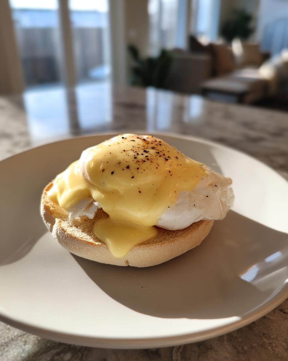 A close-up of an Eggs Benedict featuring a poached egg generously covered in bright yellow hollandaise sauce, sprinkled with pepper, on an English muffin.