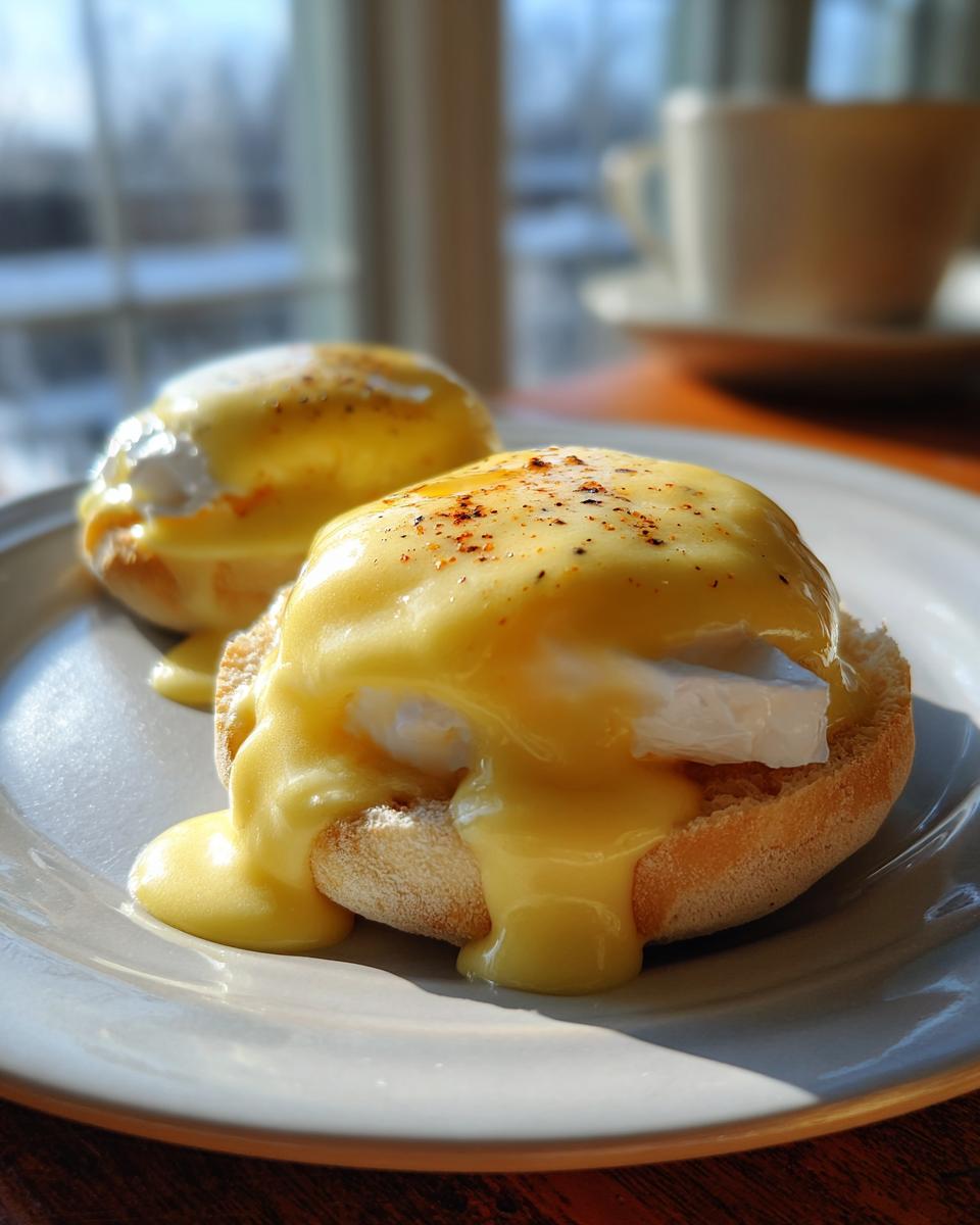 Two Eggs Benedict generously topped with rich, yellow hollandaise sauce and a sprinkle of paprika.