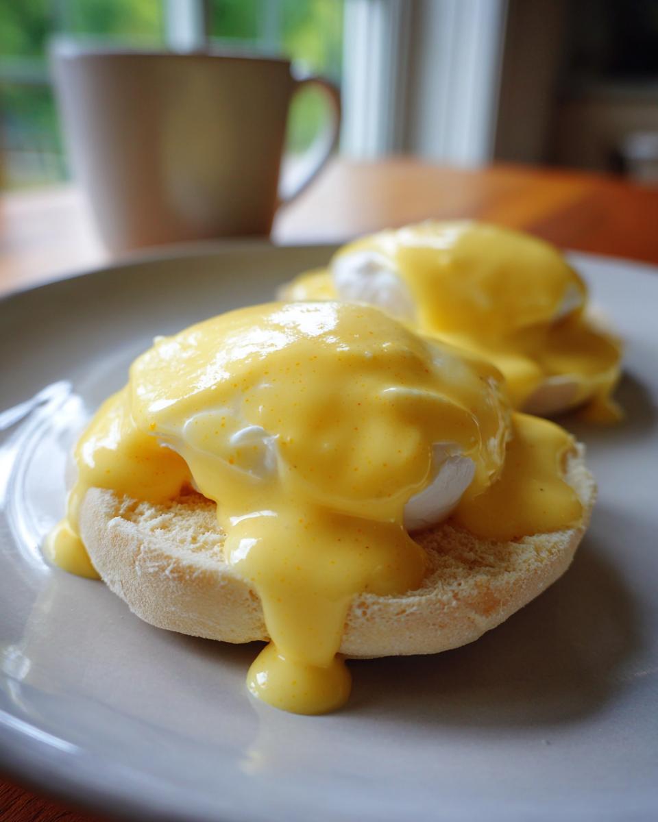Close-up of Eggs Benedict halves topped generously with bright yellow hollandaise sauce, served on a plate.