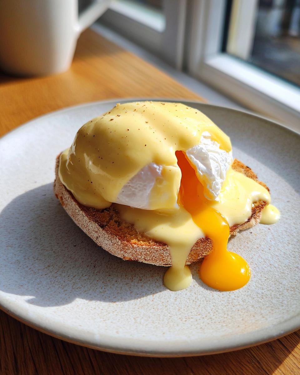 Close-up of Eggs Benedict on a toasted English muffin, generously covered in rich hollandaise sauce with a runny yolk.