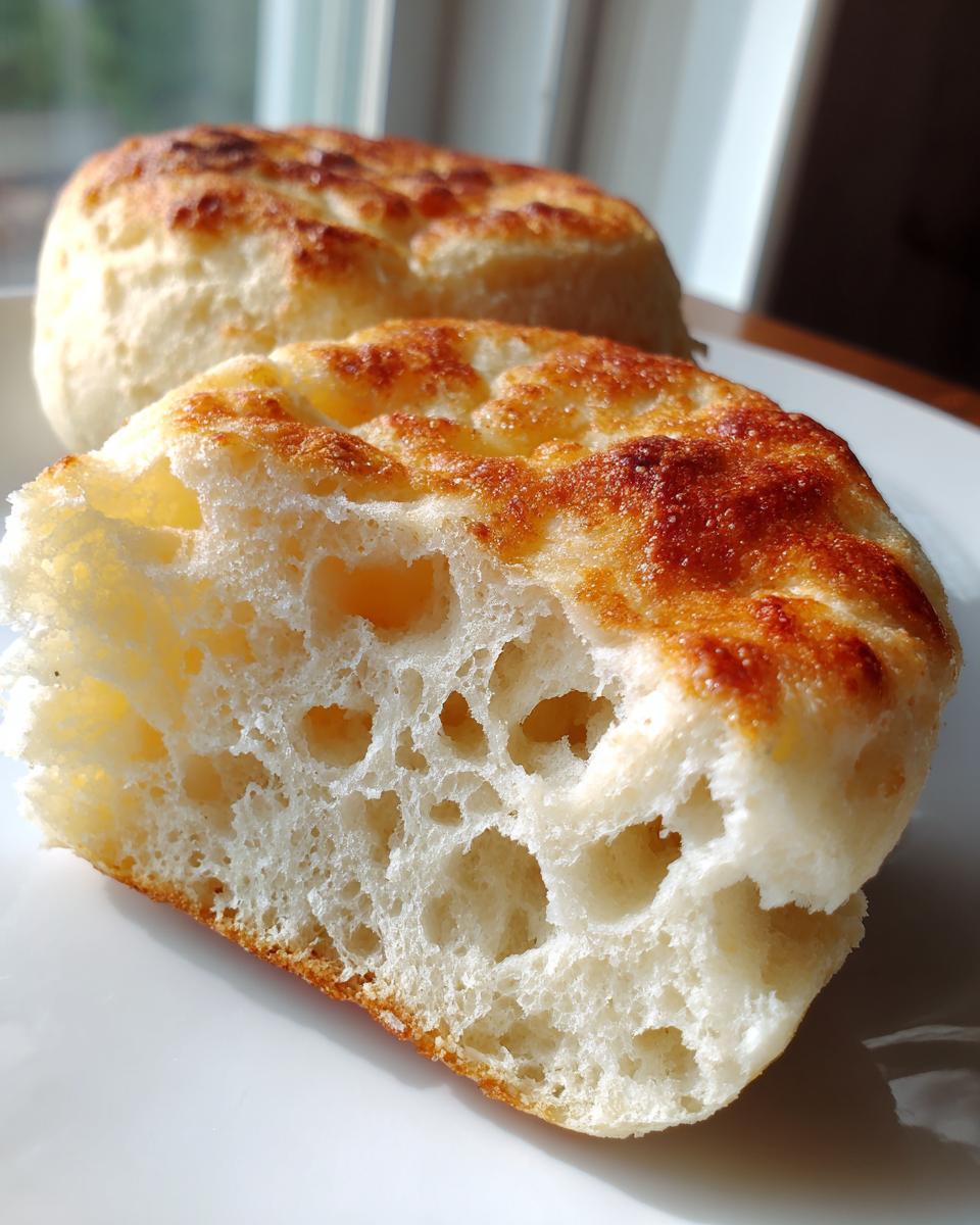 Close-up of a split homemade english muffin showing its airy, holey interior and golden-brown toasted top.