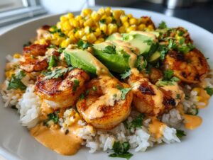 Close-up of a delicious shrimp bowl featuring grilled shrimp, white rice, corn, sliced avocado, and a creamy orange sauce.