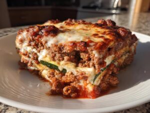Close-up of a thick, layered slice of zucchini lasagna featuring rich meat sauce and melted cheese.