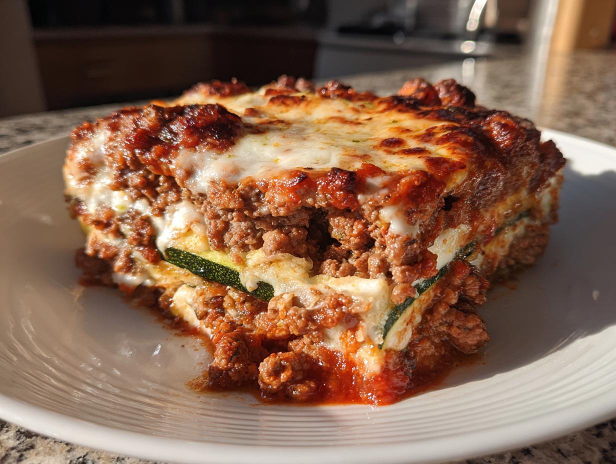 Close-up of a thick, layered slice of zucchini lasagna featuring rich meat sauce and melted cheese.