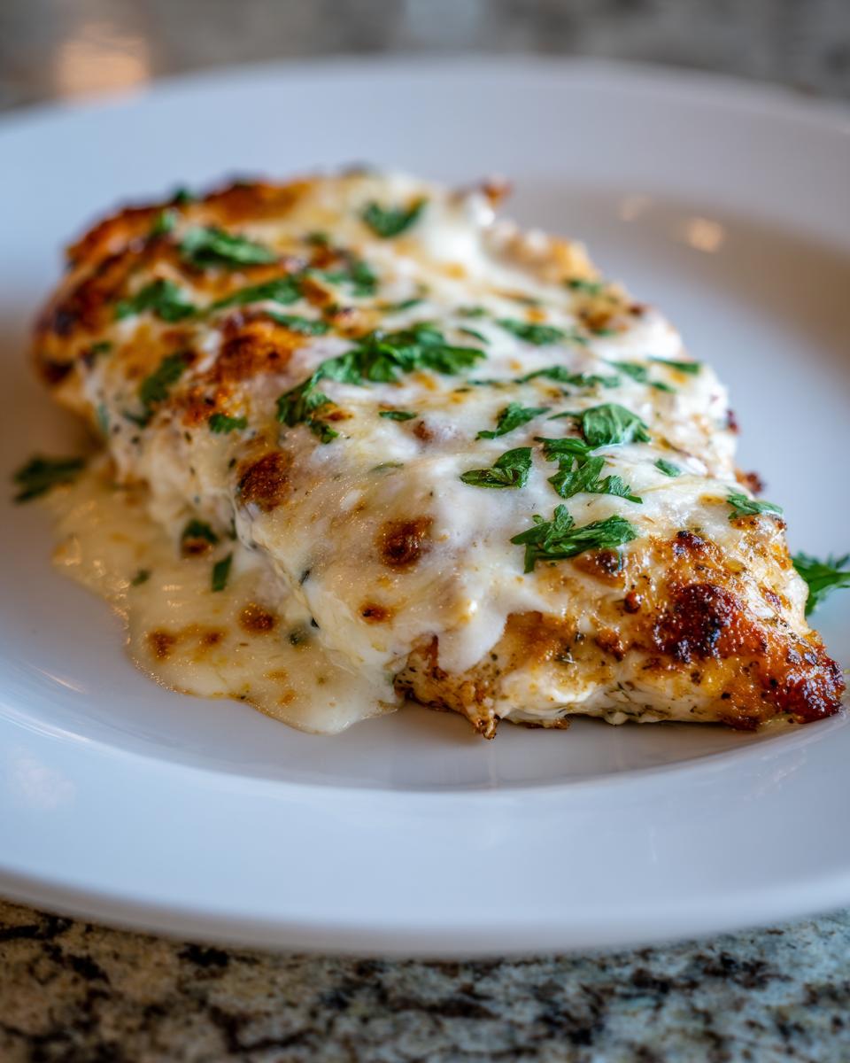 A close-up of a juicy Fiesta Lime Chicken breast topped with melted, browned cheese and fresh parsley.