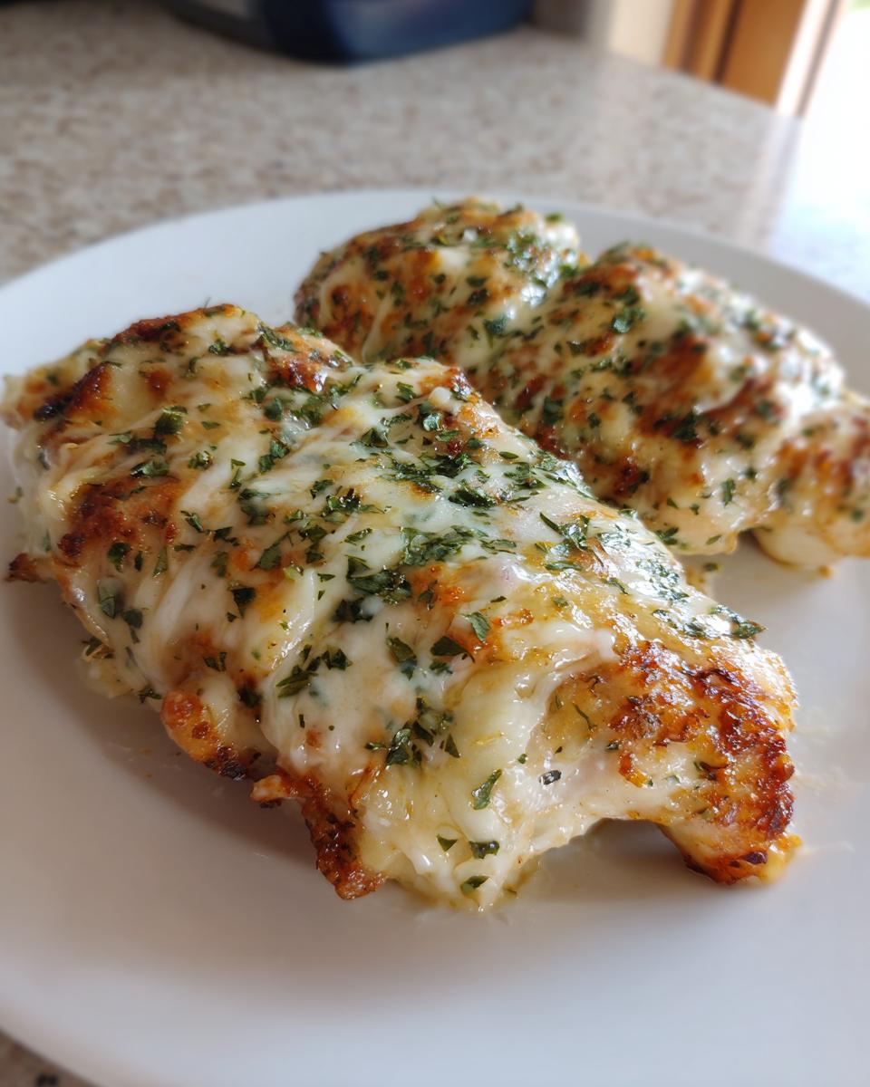 Three pieces of baked Fiesta Lime Chicken smothered in melted, browned cheese and sprinkled with green herbs.