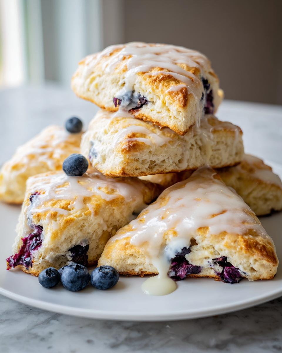 A stack of flaky blueberry scones drizzled with white vanilla glaze, garnished with fresh blueberries.