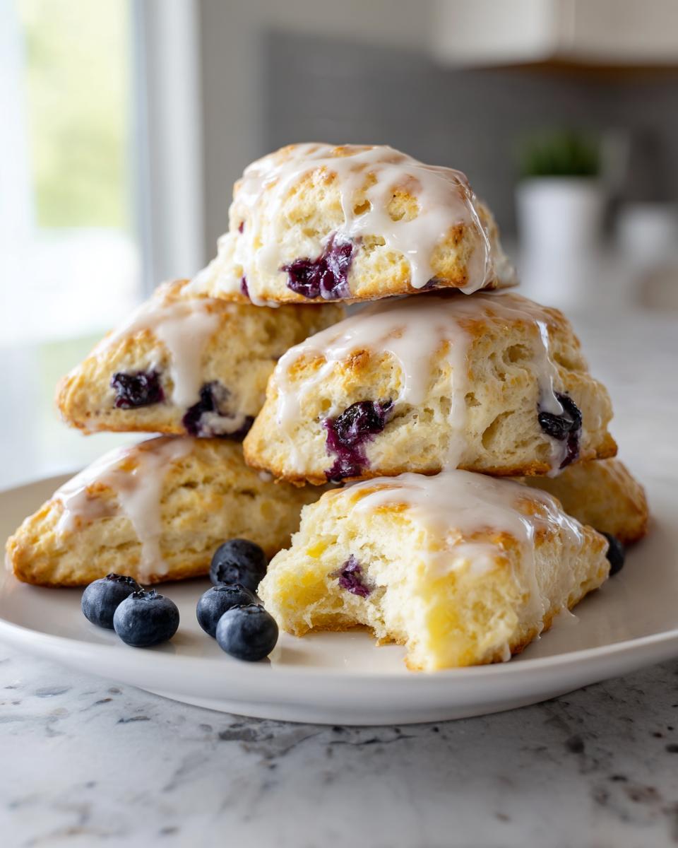 A stack of flaky blueberry scones topped with a sweet vanilla glaze, served with fresh blueberries.