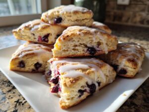 A stack of freshly baked blueberry scones drizzled with white icing, showing flaky texture.