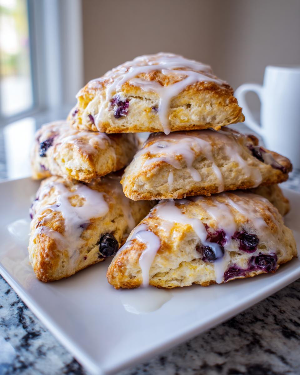 A stack of freshly baked blueberry scones drizzled with a sweet white glaze, ready to eat.