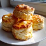 A stack of four golden-brown, flaky buttermilk scones, glistening with melted butter, sitting on a white plate.