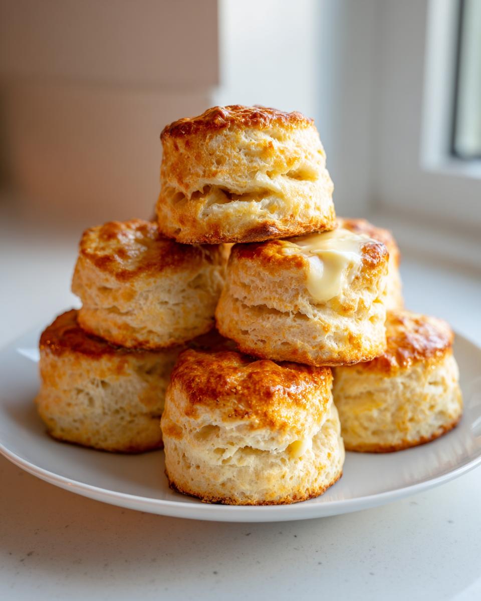 A stack of freshly baked, flaky buttermilk scones piled on a white plate, with one scone showing melting butter.