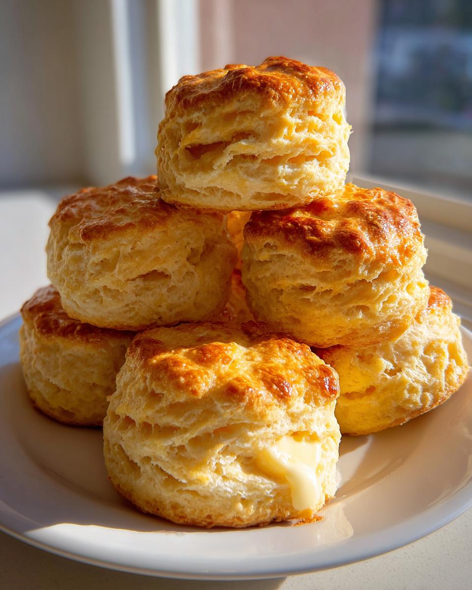 A stack of golden brown, flaky buttermilk scones with melted butter oozing from one of the scones.