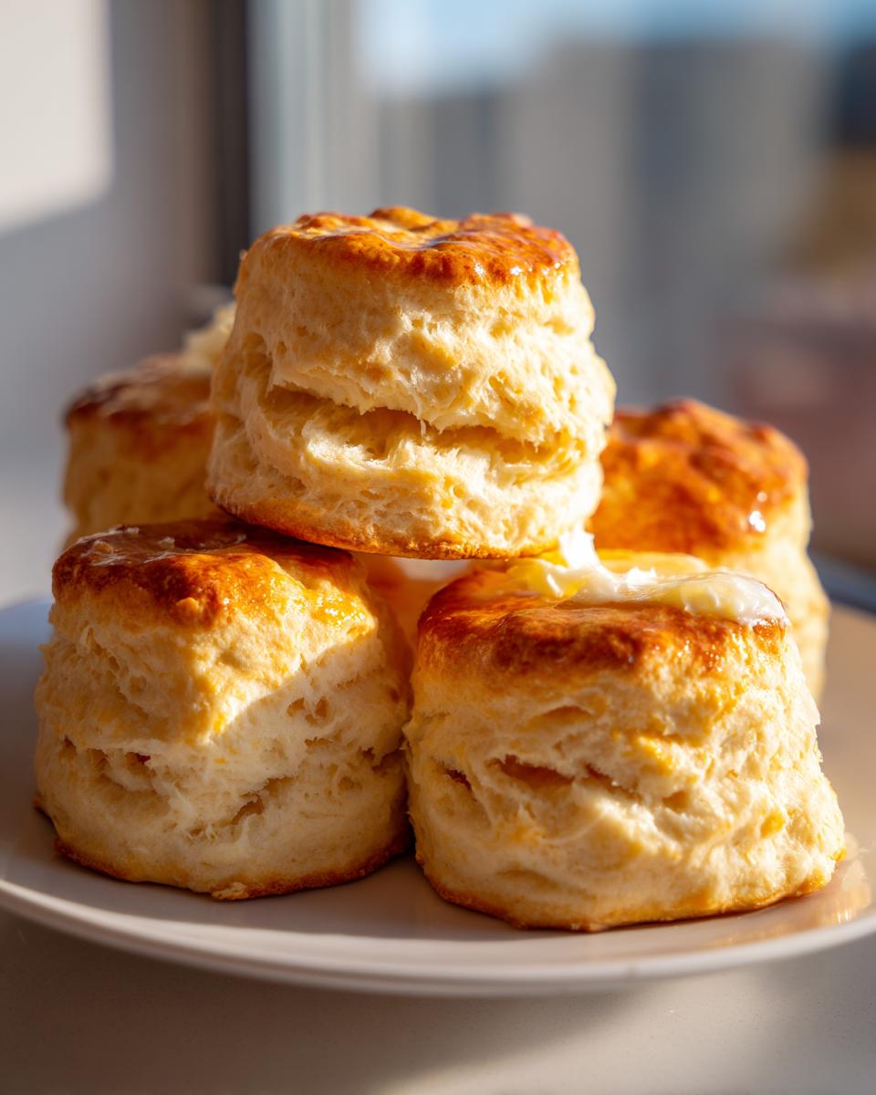 A stack of freshly baked, flaky buttermilk scones with a golden-brown, shiny top, one topped with melting butter.