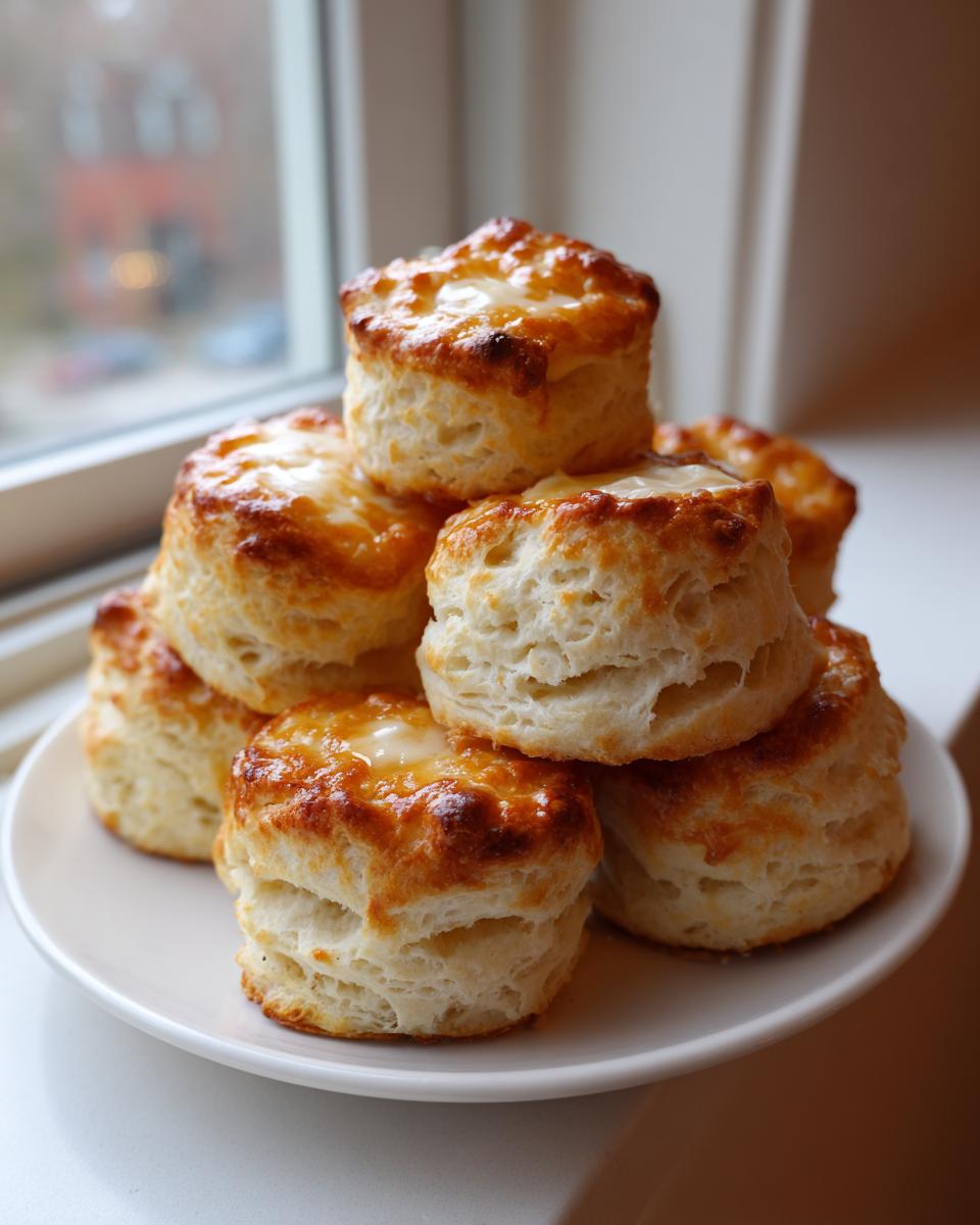 A stack of freshly baked, flaky buttermilk scones with a golden-brown top and melted butter, served on a white plate.