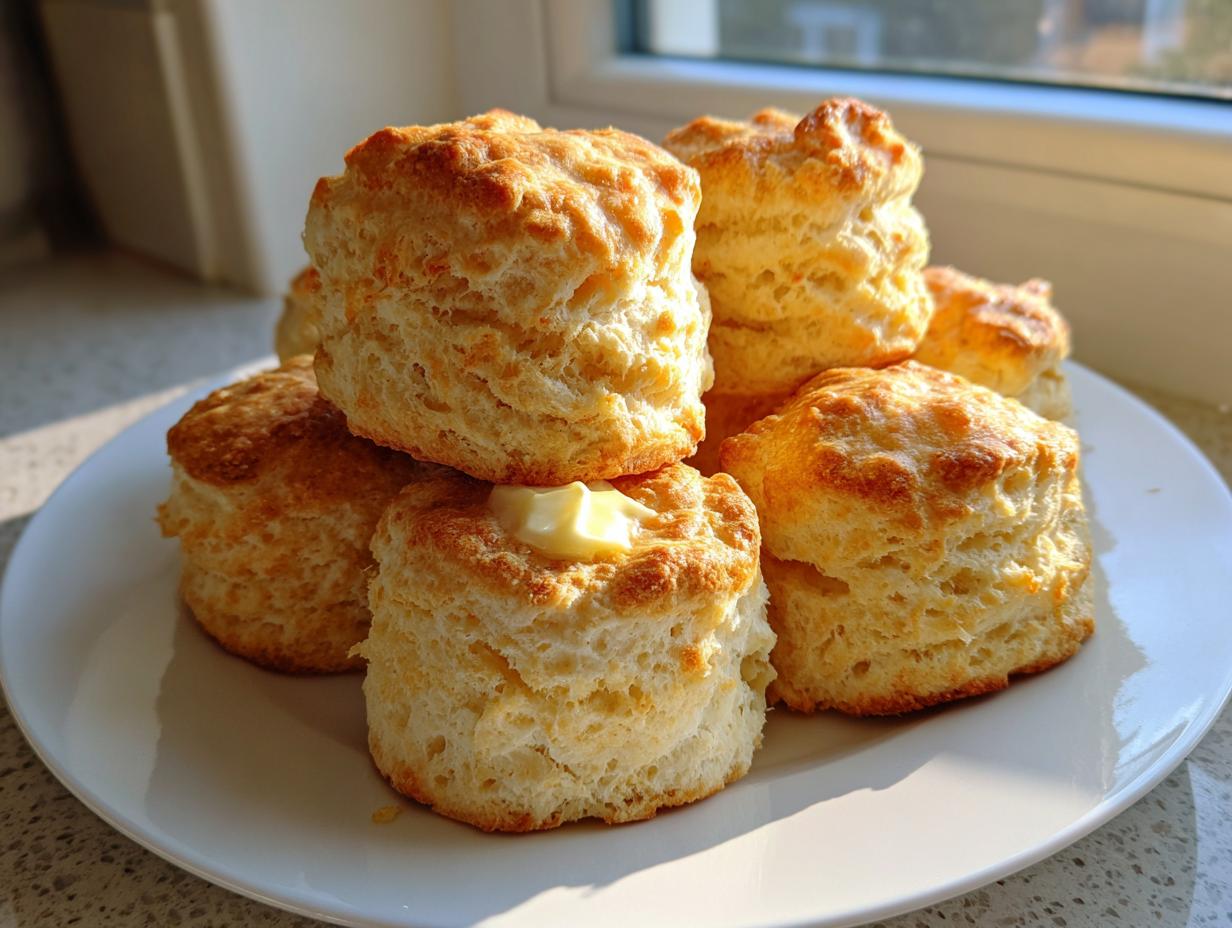A stack of freshly baked, golden brown buttermilk scones, one topped with melting butter, served on a white plate.