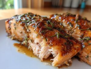 Close-up of a flaky, glazed baked salmon recipe fillet topped with rosemary and sauce.