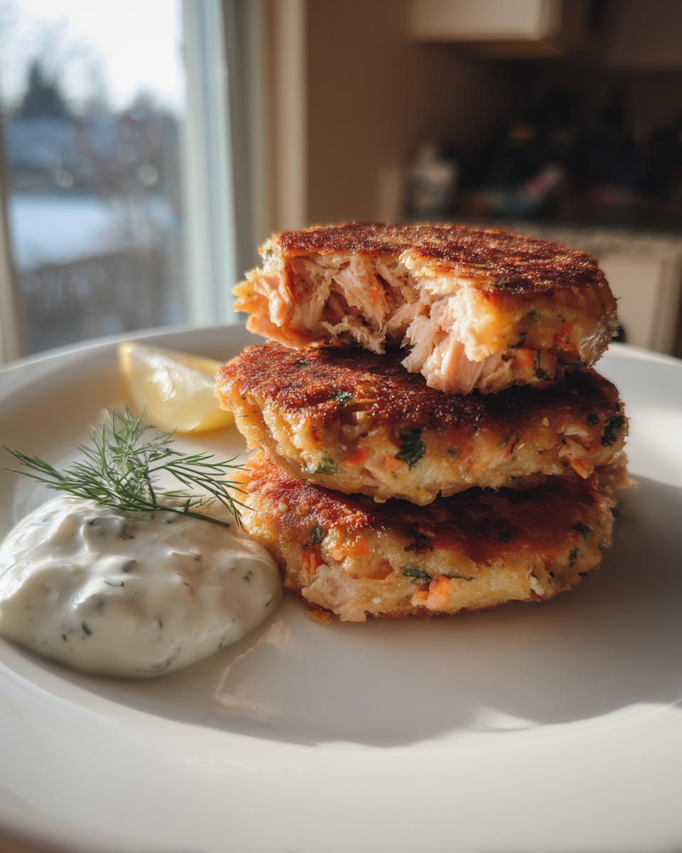 A stack of three golden-brown salmon cakes, one broken open to show the flaky interior, served with tartar sauce and lemon.