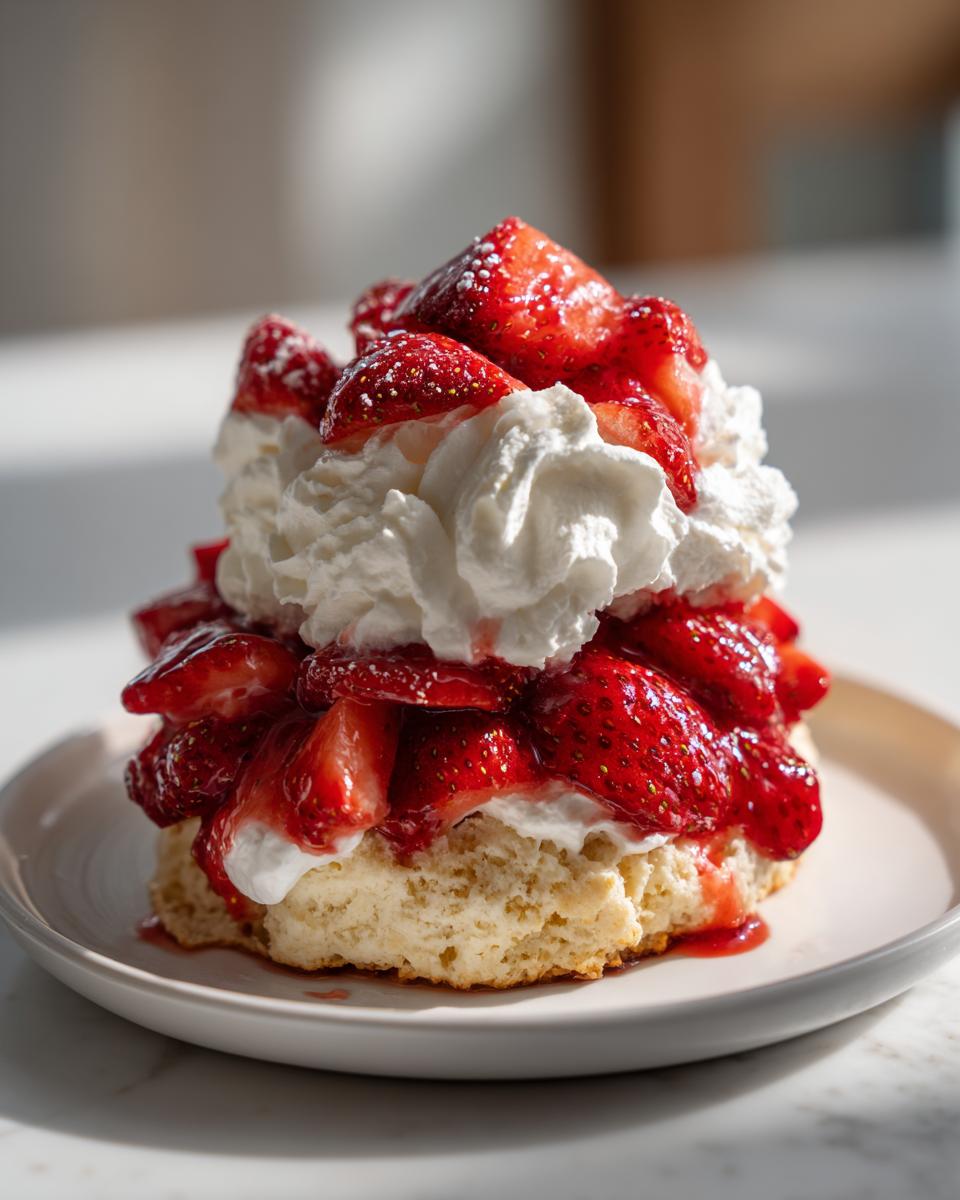 A tall, flaky biscuit layered with macerated strawberries and topped high with whipped cream, making a perfect shortcake.