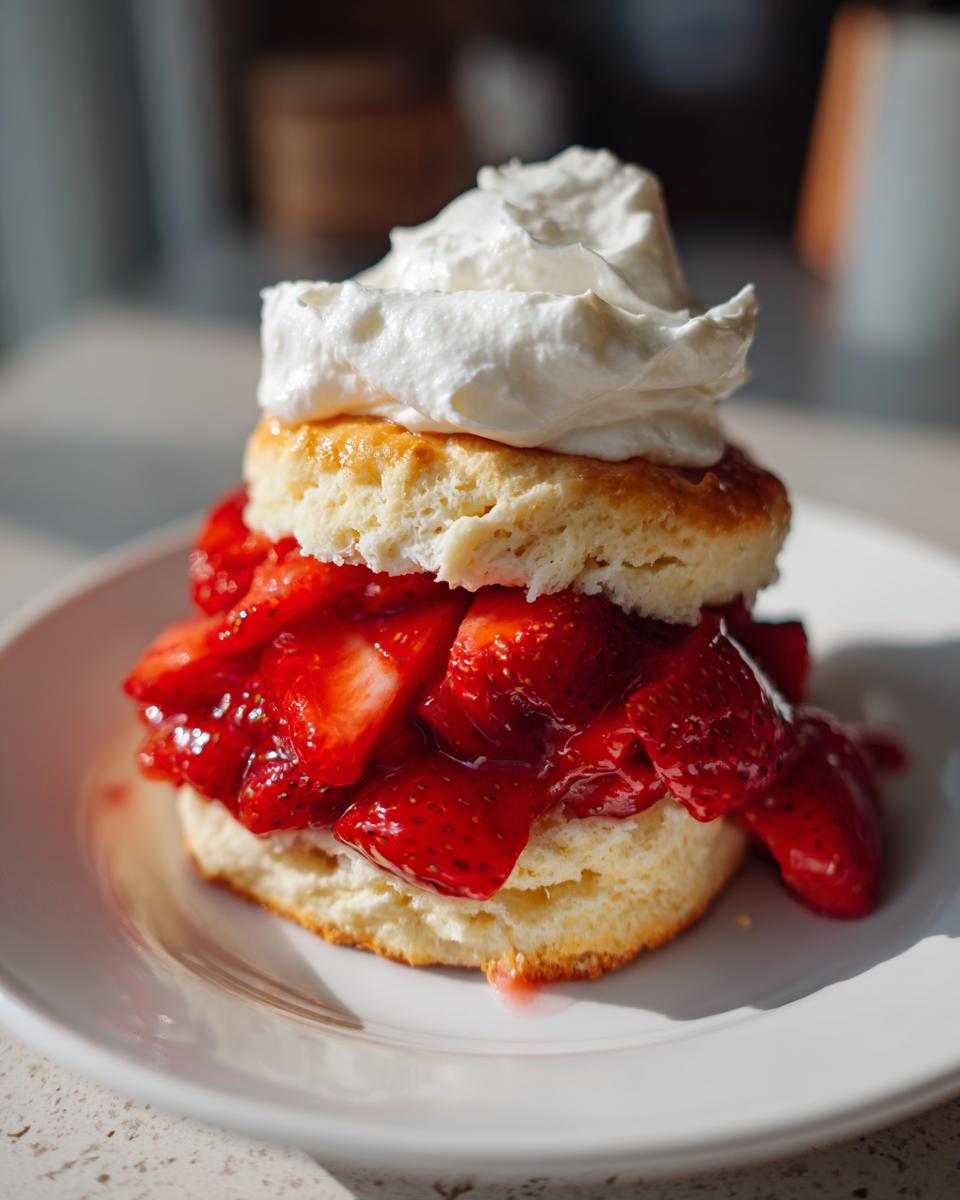 A close-up of a fluffy biscuit shortcake layered with macerated strawberries and topped with a generous dollop of whipped cream.