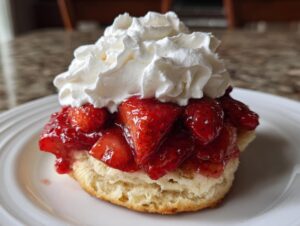 A close-up of a fluffy biscuit shortcake topped with macerated strawberries and a generous dollop of whipped cream.