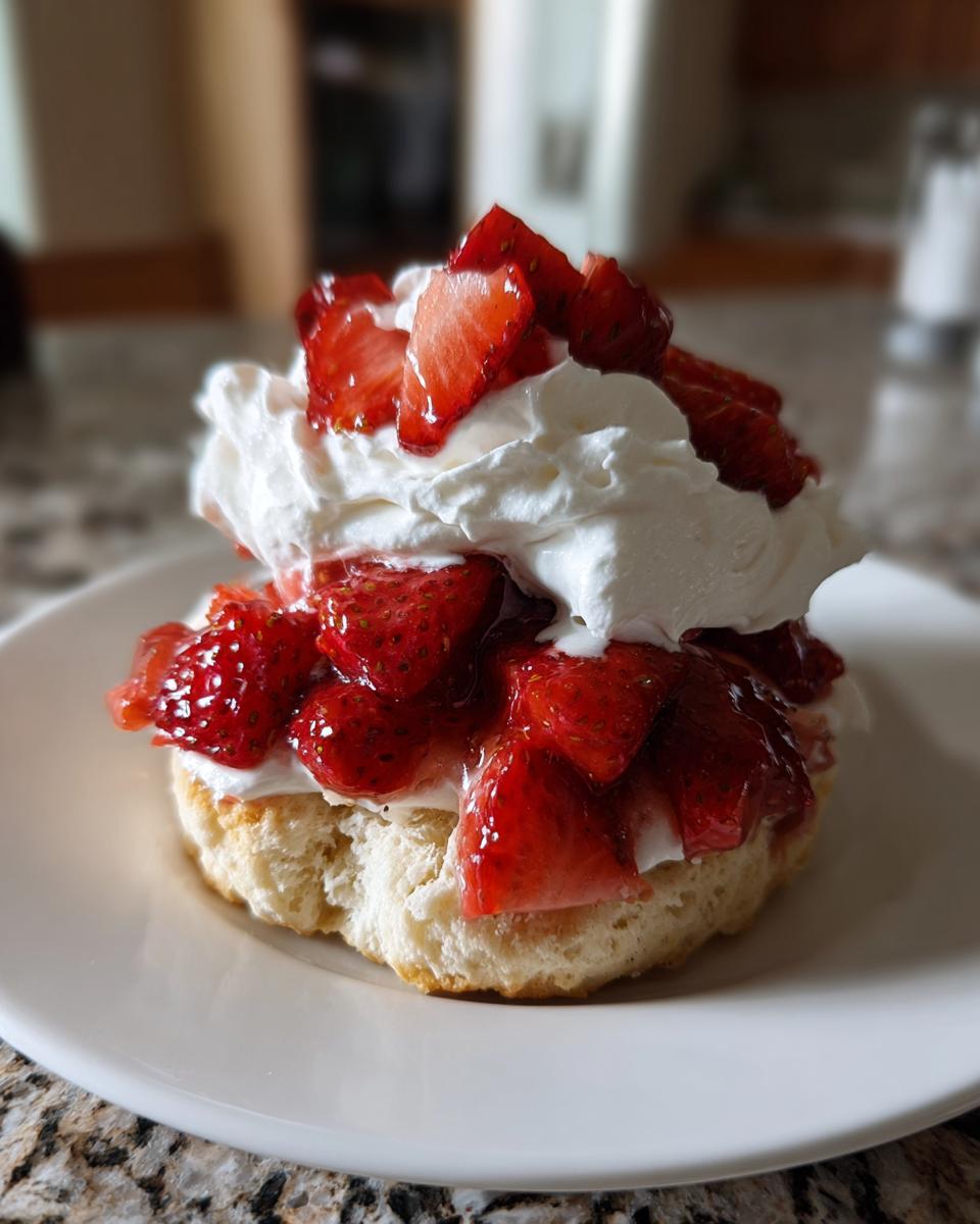 A close-up of a fluffy biscuit base layered with macerated strawberries and topped with whipped cream, a perfect strawberry shortcake.