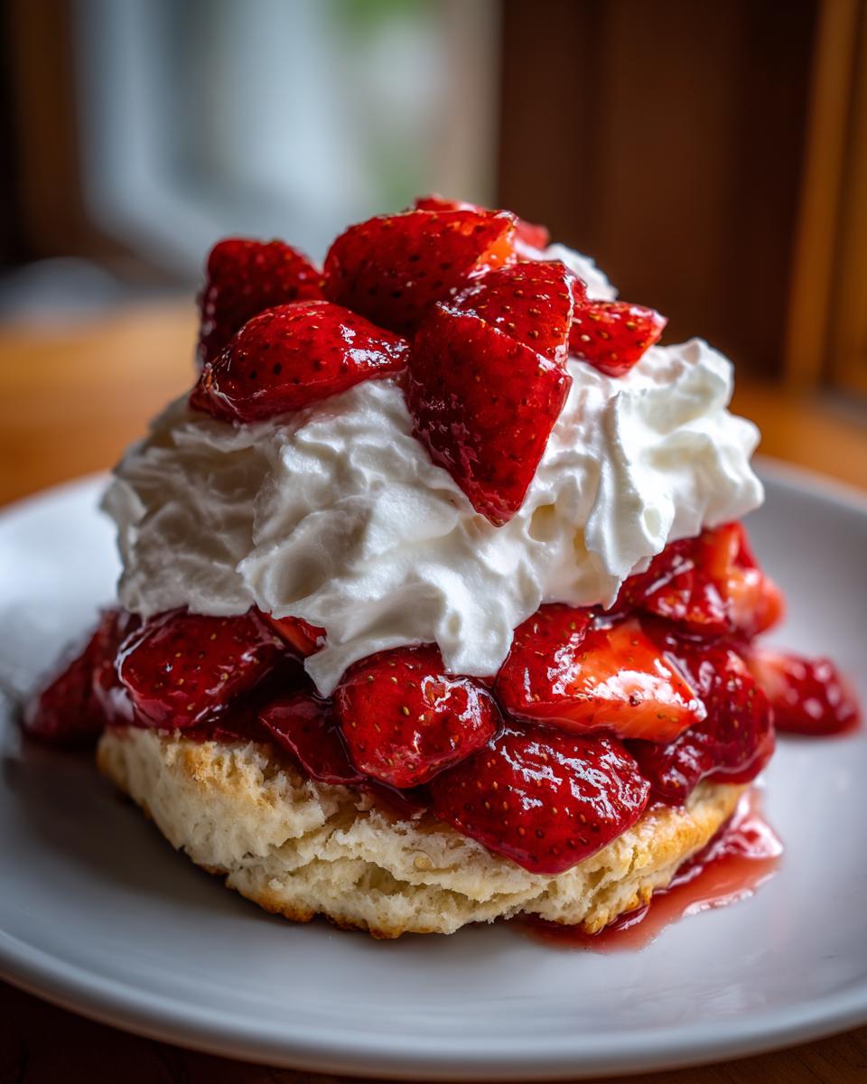 A close-up of a delicious strawberry shortcake featuring a flaky biscuit, macerated strawberries, and a generous topping of whipped cream.